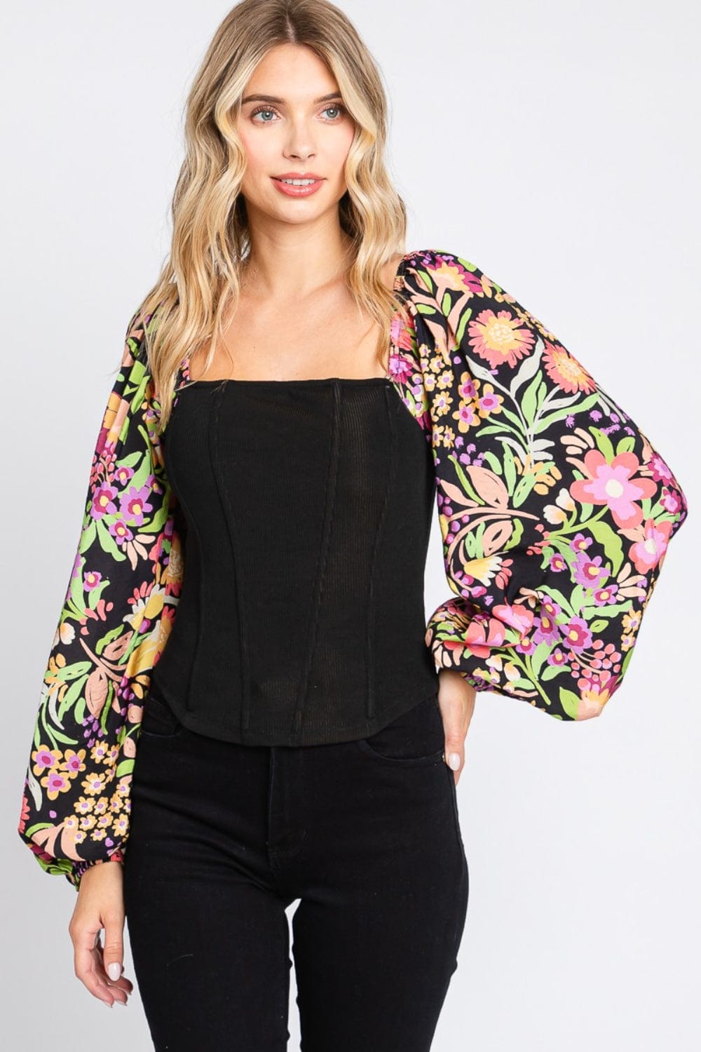 Trendsi ODDI Full Size Floral Balloon Sleeve Blouse ODDI Full Size Floral Balloon Sleeve Blouse