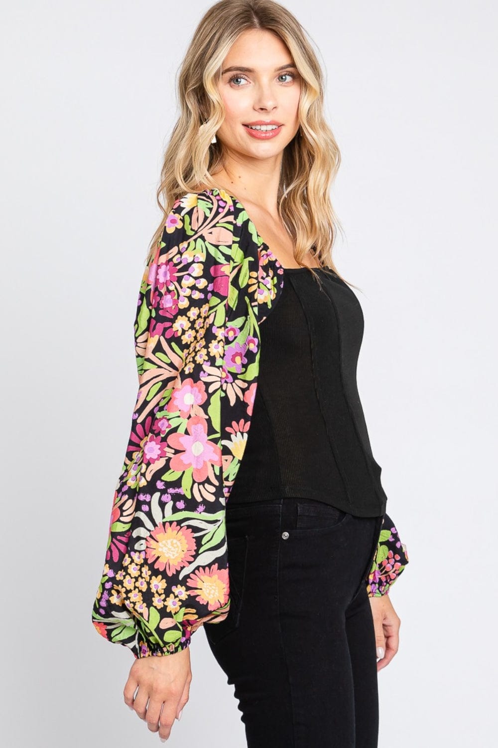 Trendsi ODDI Full Size Floral Balloon Sleeve Blouse ODDI Full Size Floral Balloon Sleeve Blouse
