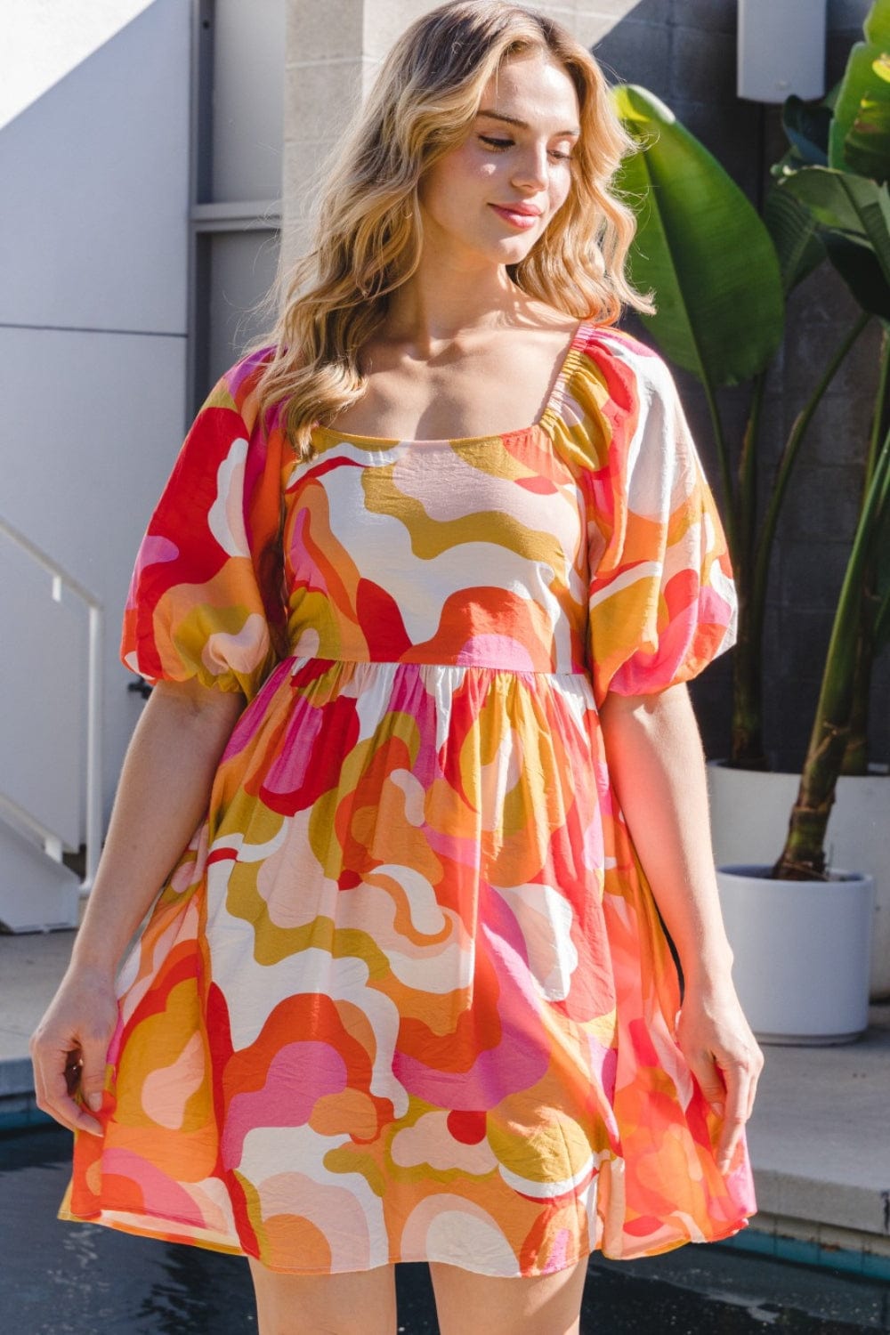 Trendsi ODDI Full Size Printed Tied Back Short Sleeve Mini Dress ODDI Full Size Printed Tied Back Short Sleeve Mini Dress