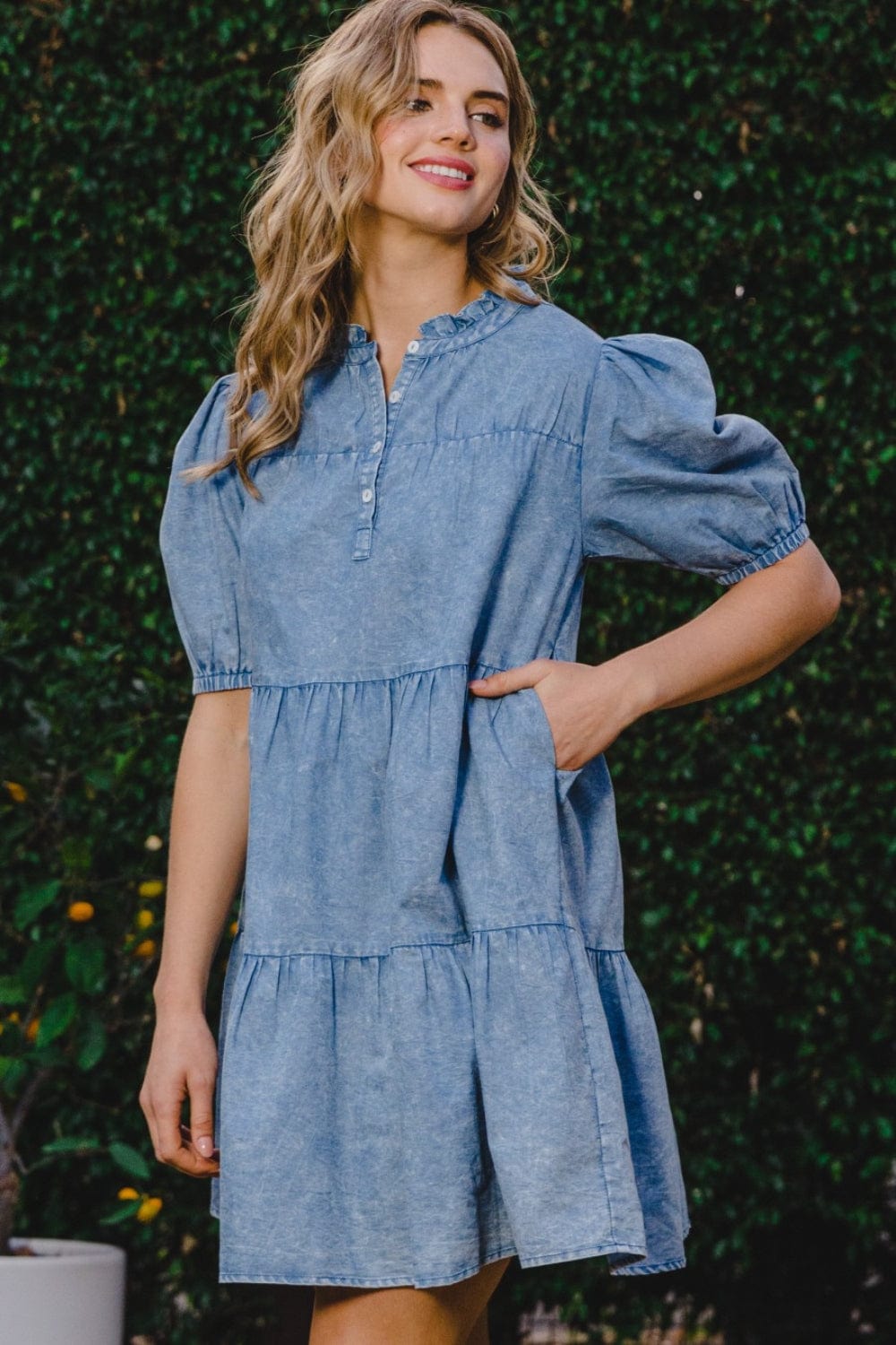 Trendsi ODDI Washed Tiered Mini Denim Dress ODDI Washed Tiered Mini Denim Dress