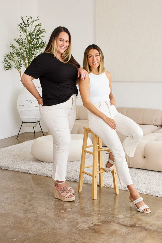 Trendsi Off White / 23 RFM Mini Mia Full Size Tummy Control High Waist Raw Hem Jeans RFM Mini Mia Full Size Tummy Control High Waist Raw Hem Jeans