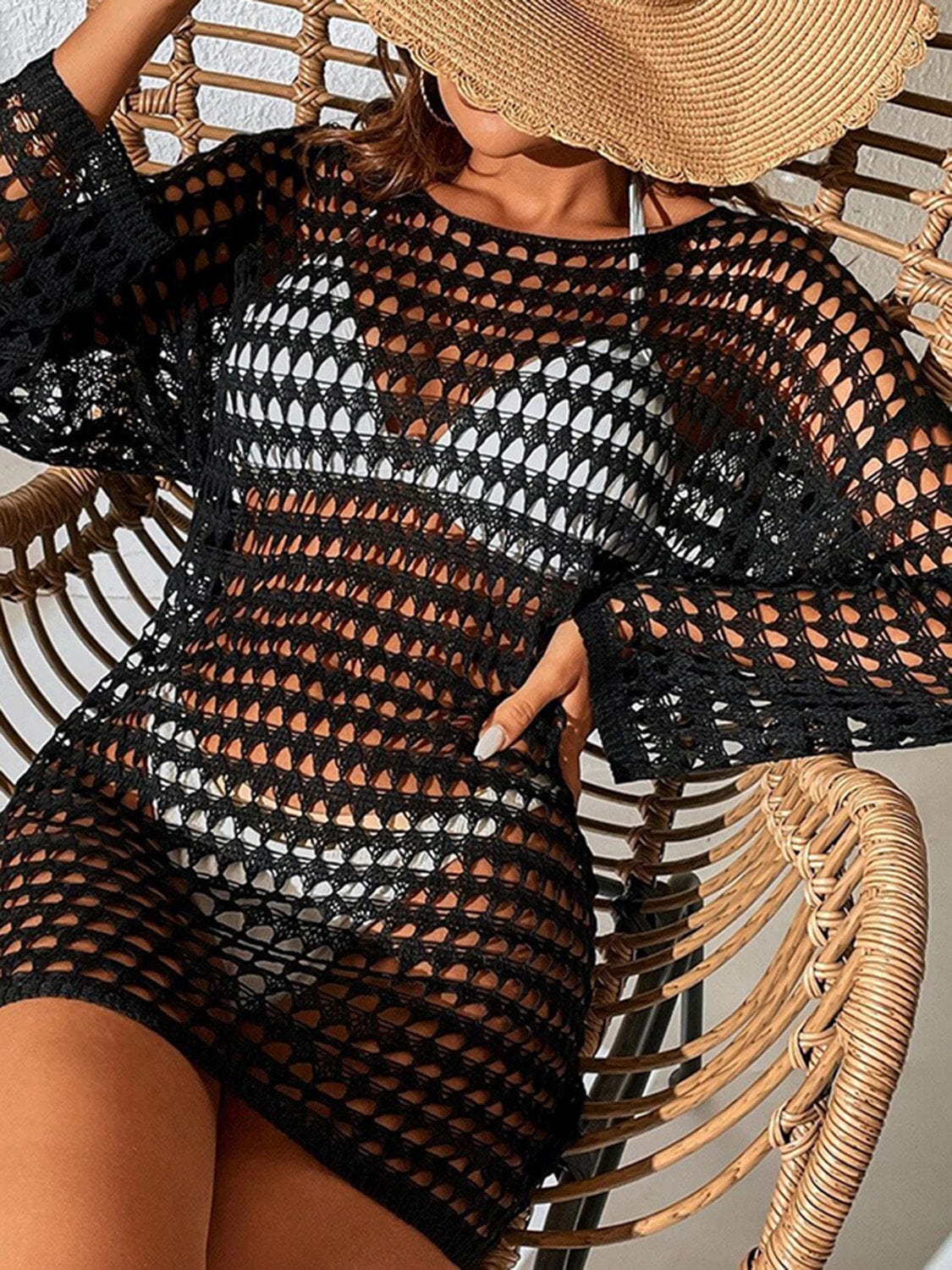 Trendsi Openwork Boat Neck Long Sleeve Cover-Up Openwork Boat Neck Long Sleeve Cover-Up