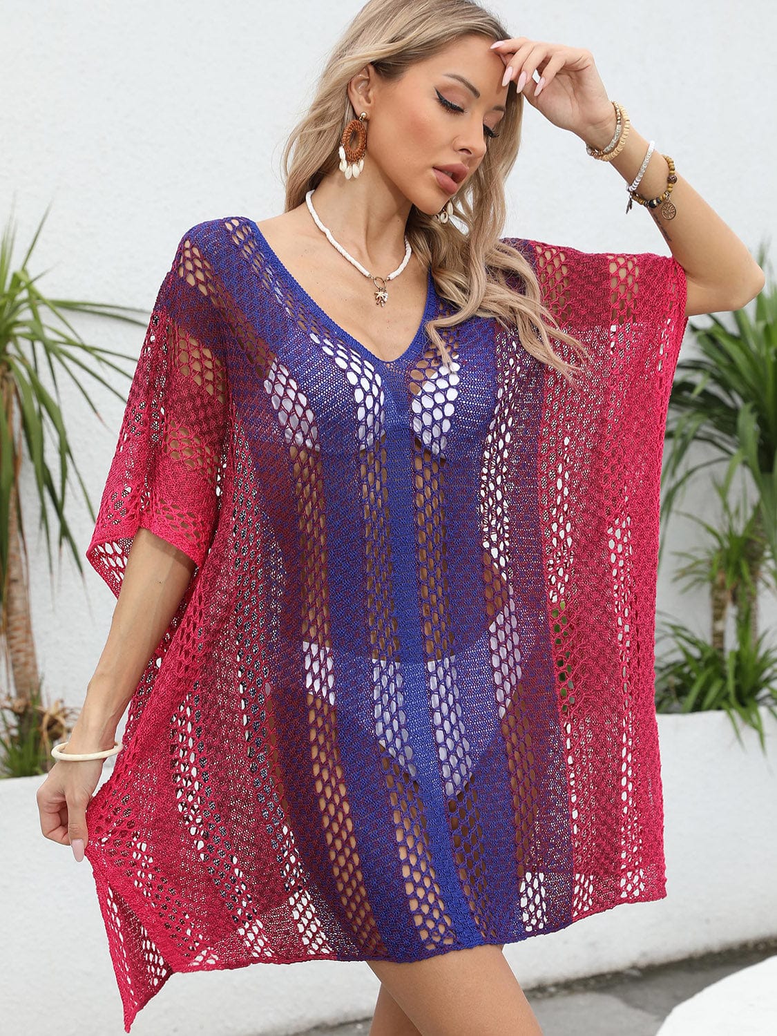 Trendsi Openwork Contrast V-Neck Cover-Up Openwork Contrast V-Neck Cover-Up