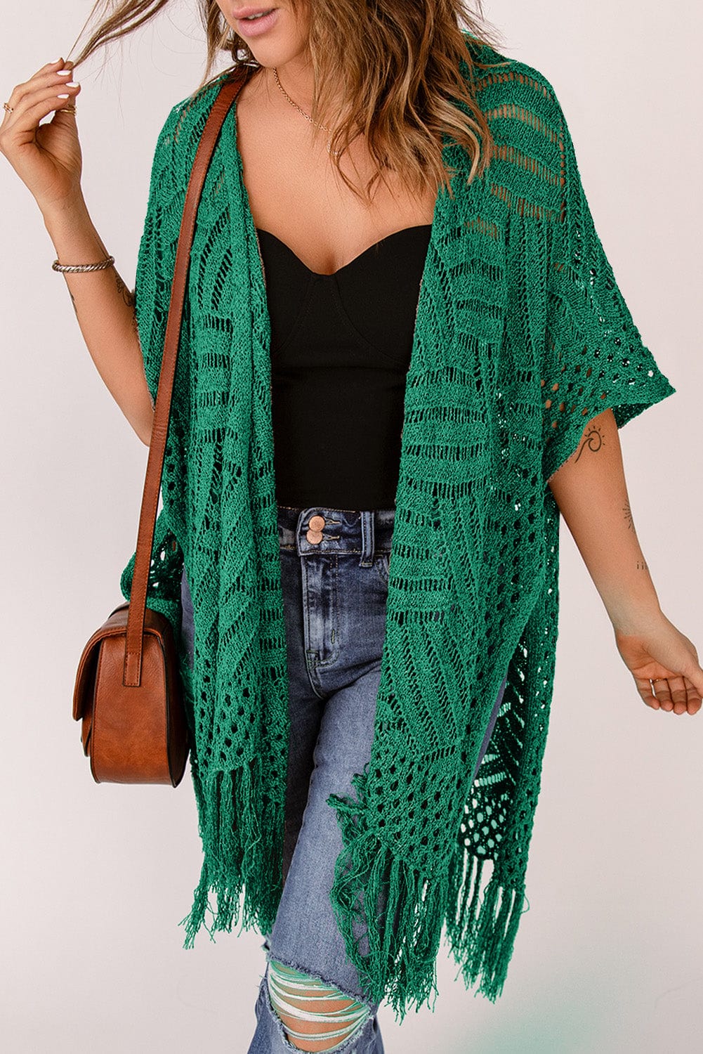 Trendsi Openwork Open Front Cardigan with Fringes Openwork Open Front Cardigan with Fringes
