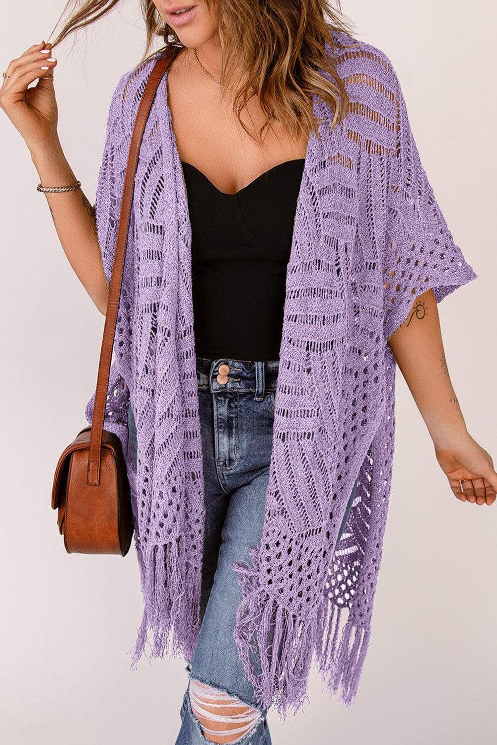 Trendsi Openwork Open Front Cardigan with Fringes Openwork Open Front Cardigan with Fringes