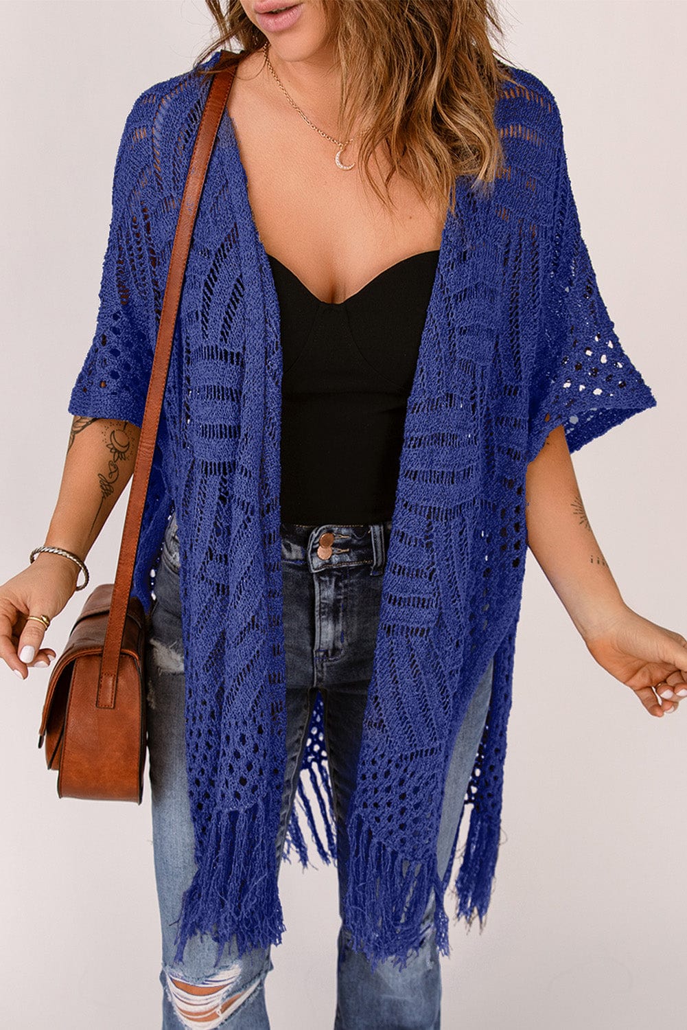 Trendsi Openwork Open Front Cardigan with Fringes Openwork Open Front Cardigan with Fringes