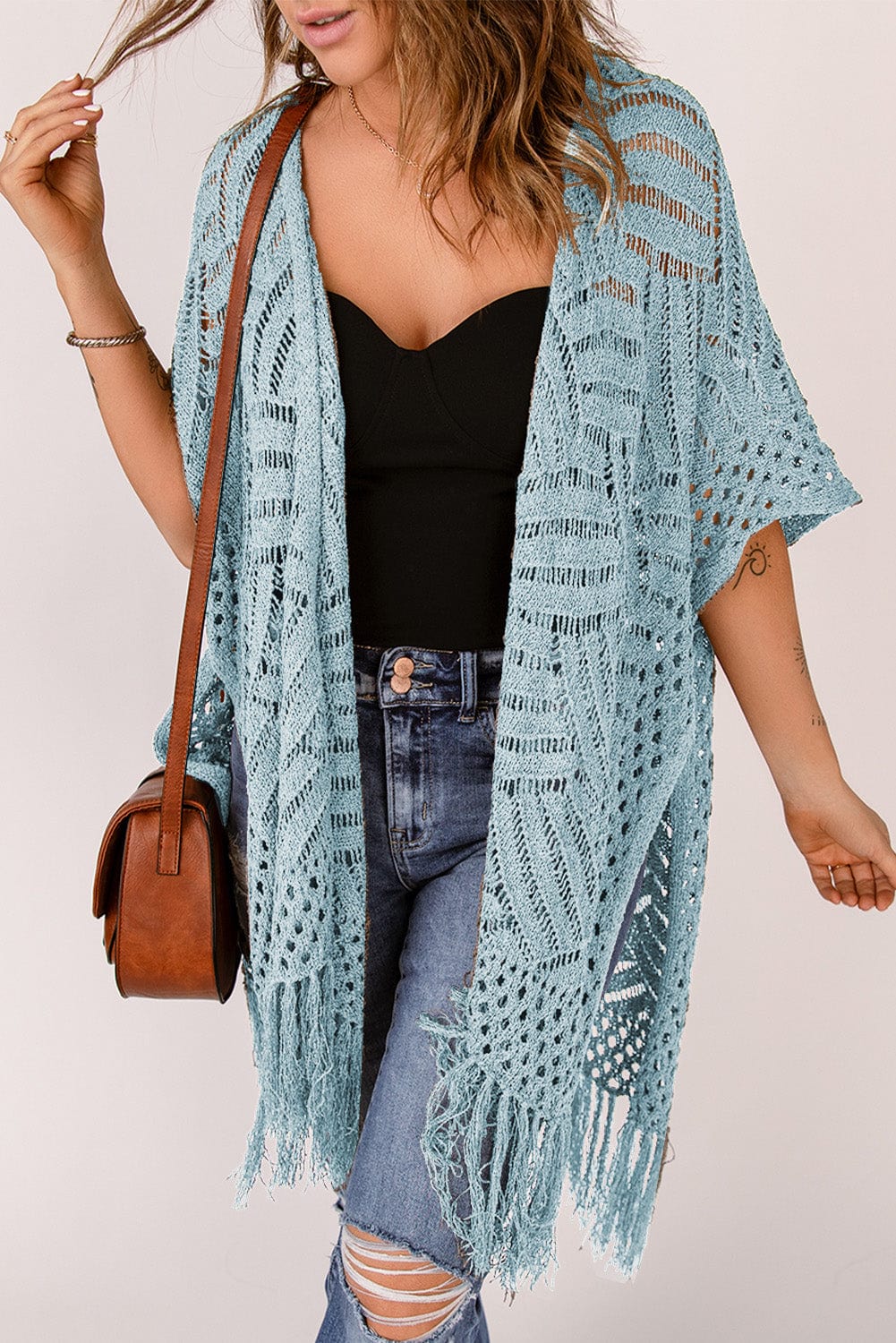 Trendsi Openwork Open Front Cardigan with Fringes Openwork Open Front Cardigan with Fringes