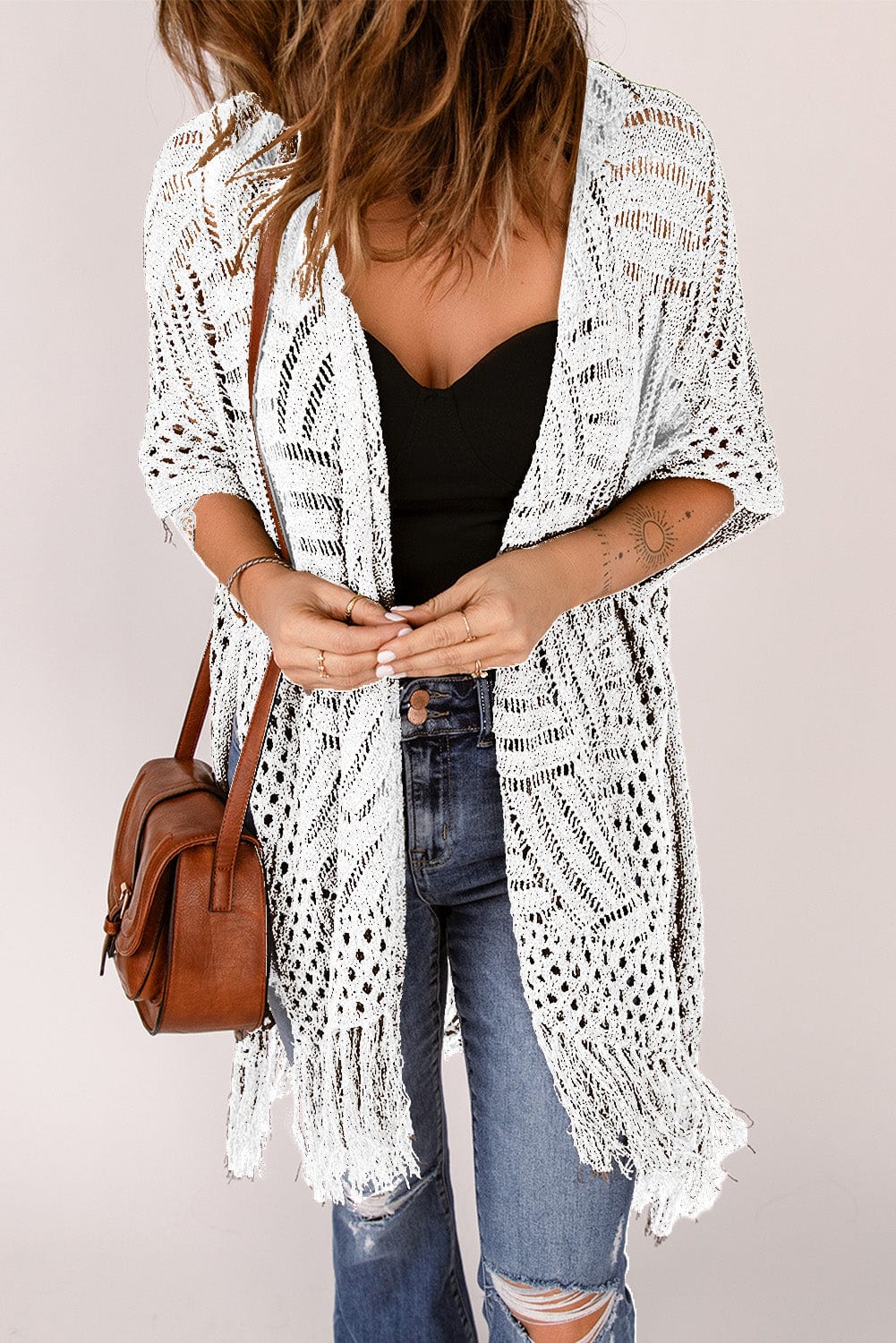 Trendsi Openwork Open Front Cardigan with Fringes Openwork Open Front Cardigan with Fringes