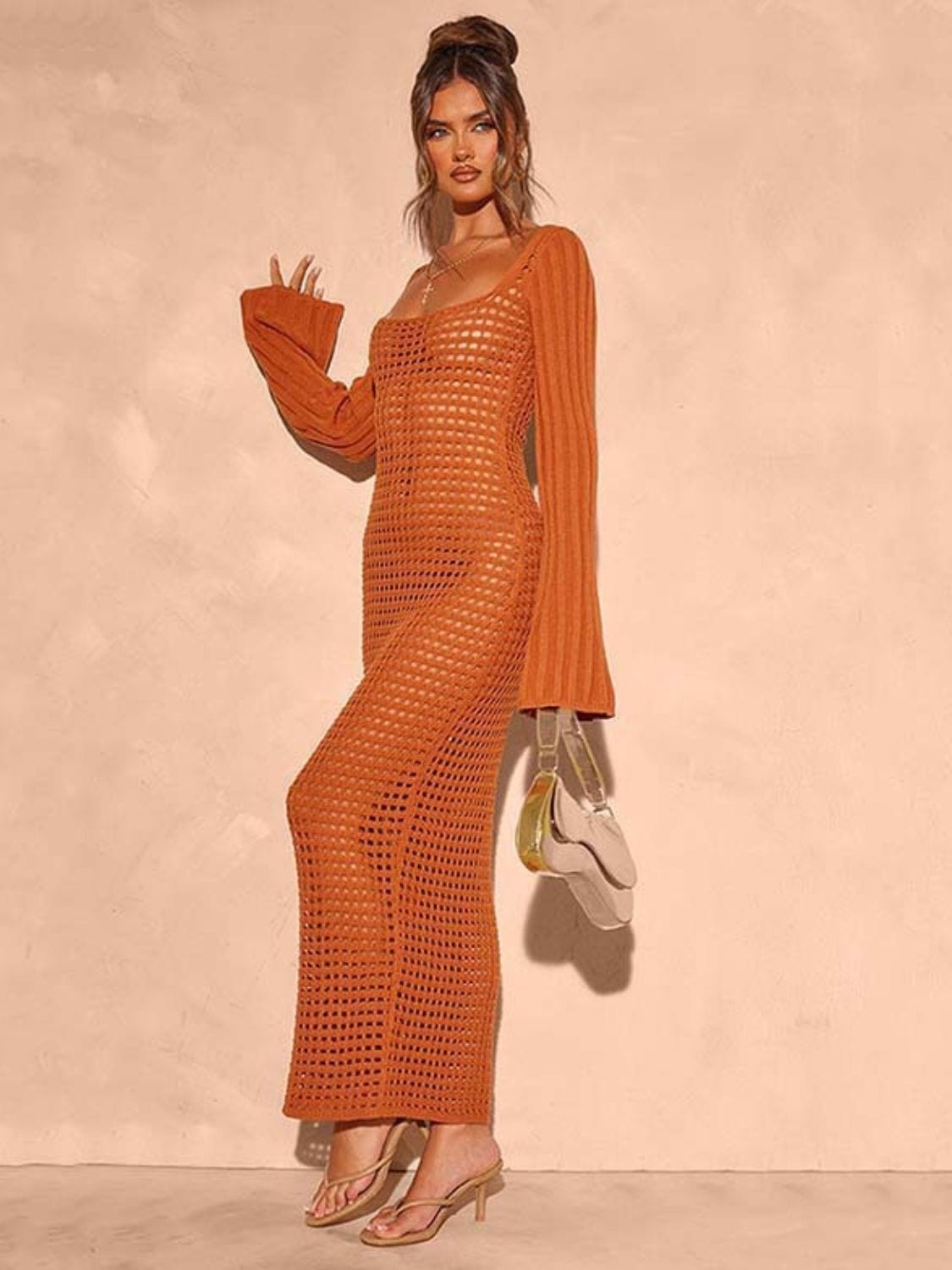 Trendsi Openwork Square Neck Flare Sleeve Cover-Up Dress Openwork Square Neck Flare Sleeve Cover-Up Dress