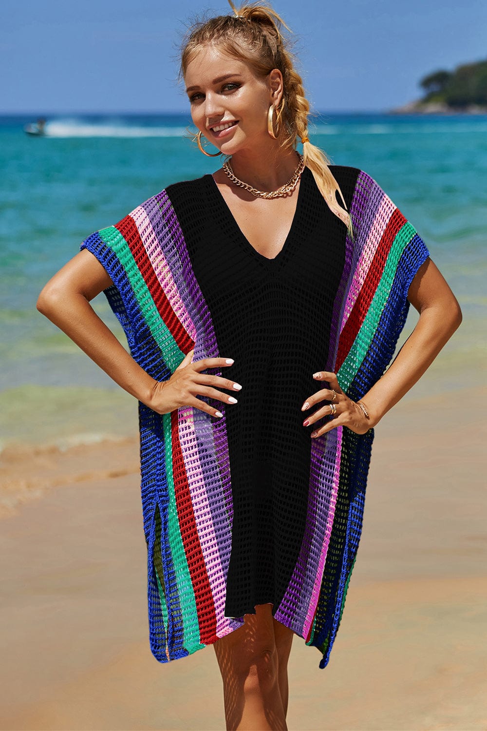 Trendsi Openwork Striped Slit Knit Cover Up Openwork Striped Slit Knit Cover Up