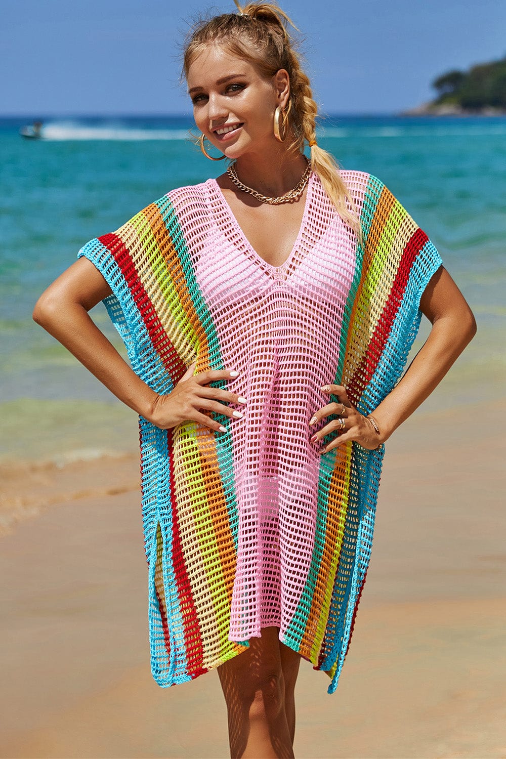 Trendsi Openwork Striped Slit Knit Cover Up Openwork Striped Slit Knit Cover Up