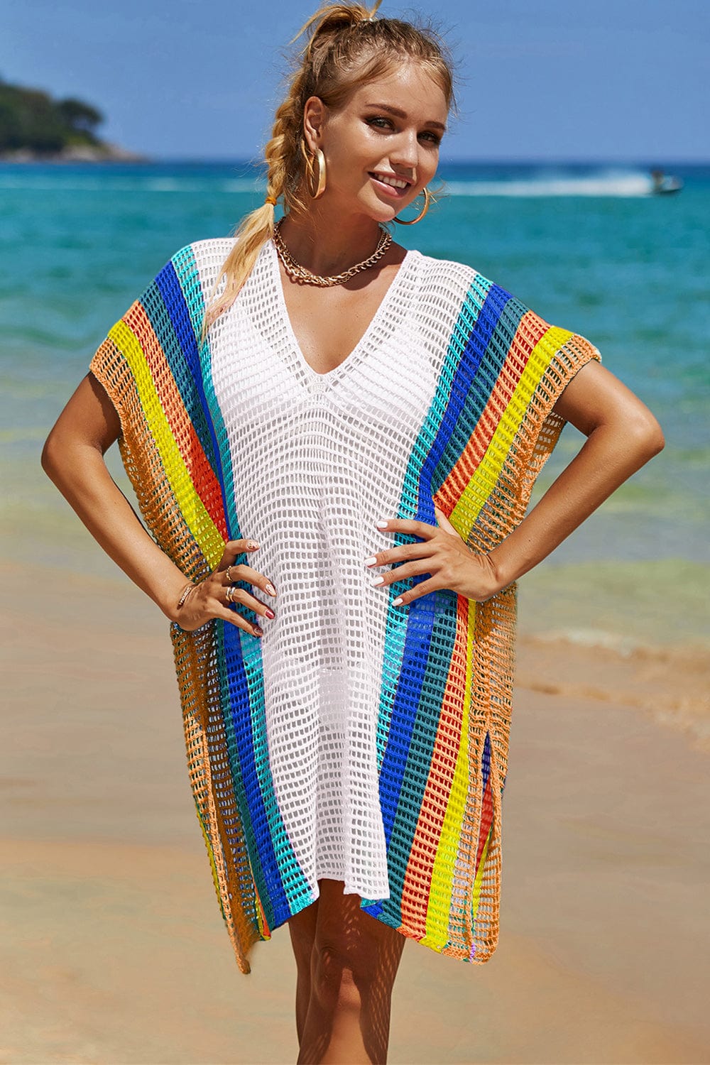 Trendsi Openwork Striped Slit Knit Cover Up Openwork Striped Slit Knit Cover Up