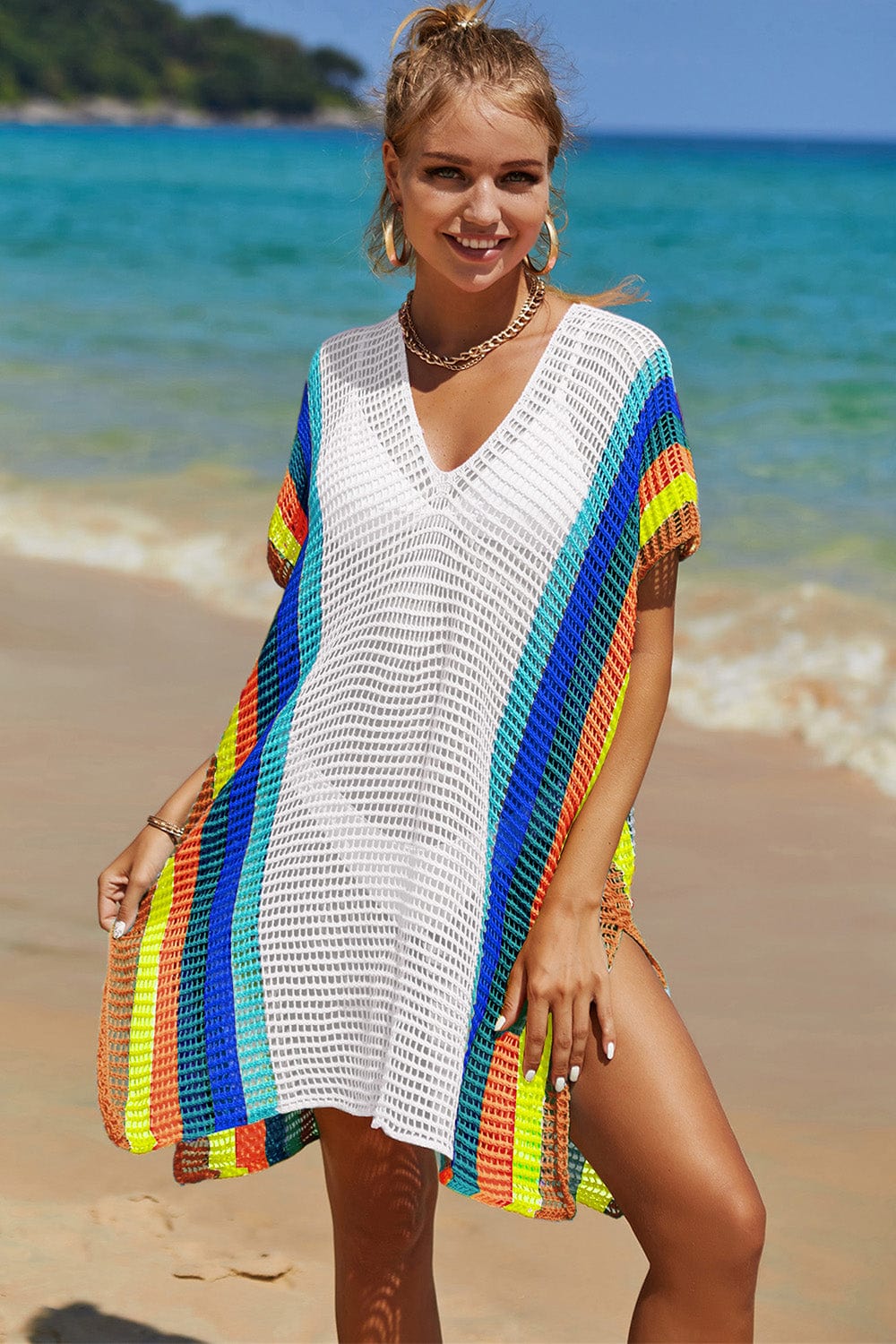 Trendsi Openwork Striped Slit Knit Cover Up Openwork Striped Slit Knit Cover Up