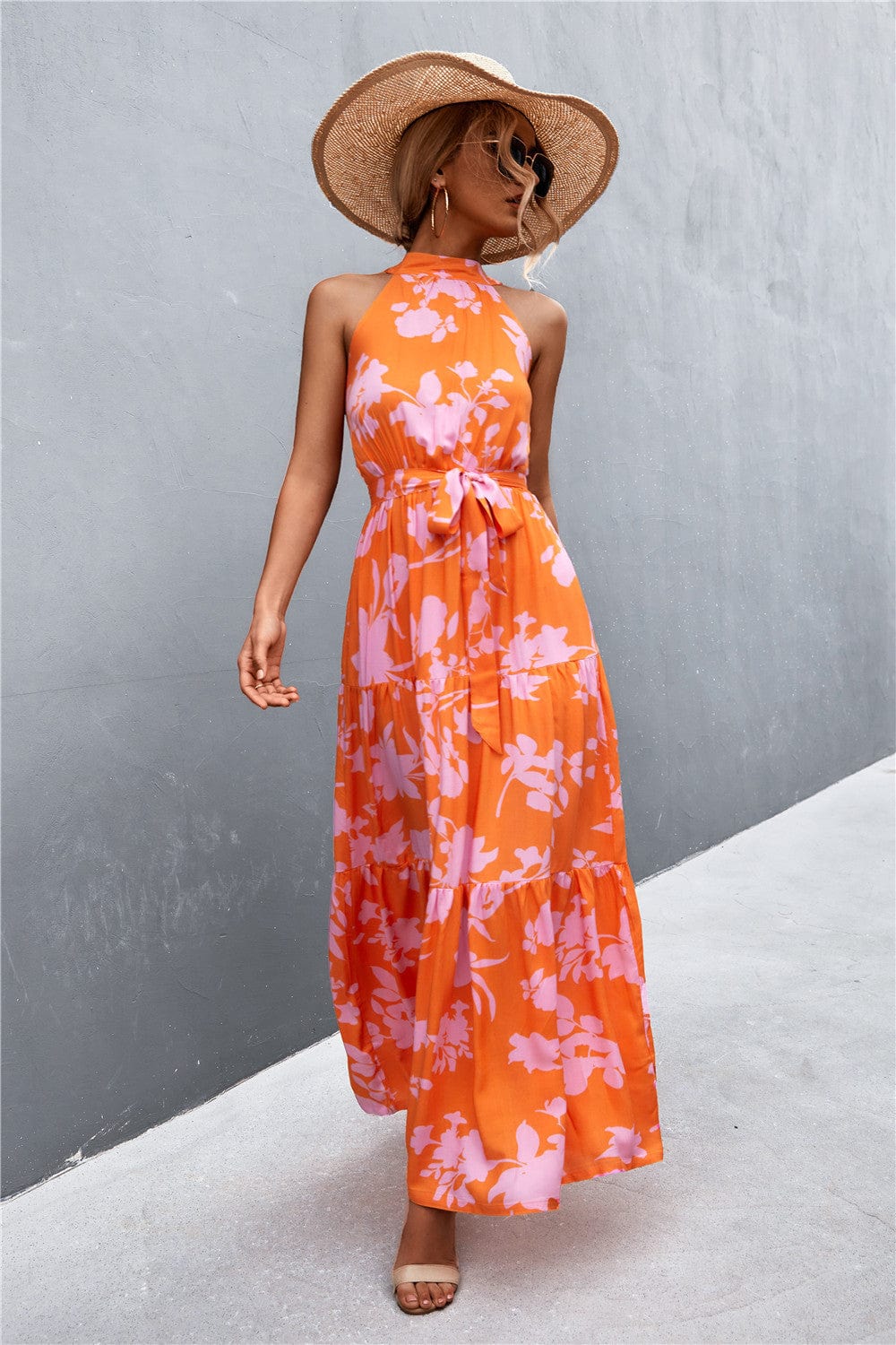 Trendsi Orange/Floral / S Printed Sleeveless Tie Waist Maxi Dress Printed Sleeveless Tie Waist Maxi Dress