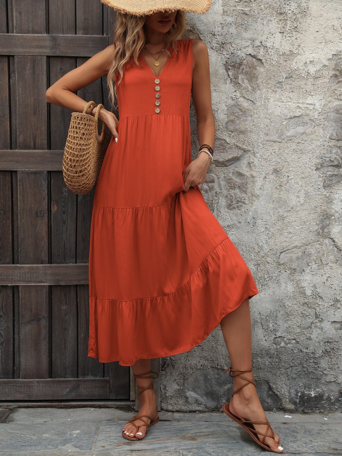 Trendsi Orange-Red / S Decorative Button Notched Sleeveless Dress Decorative Button Notched Sleeveless Dress