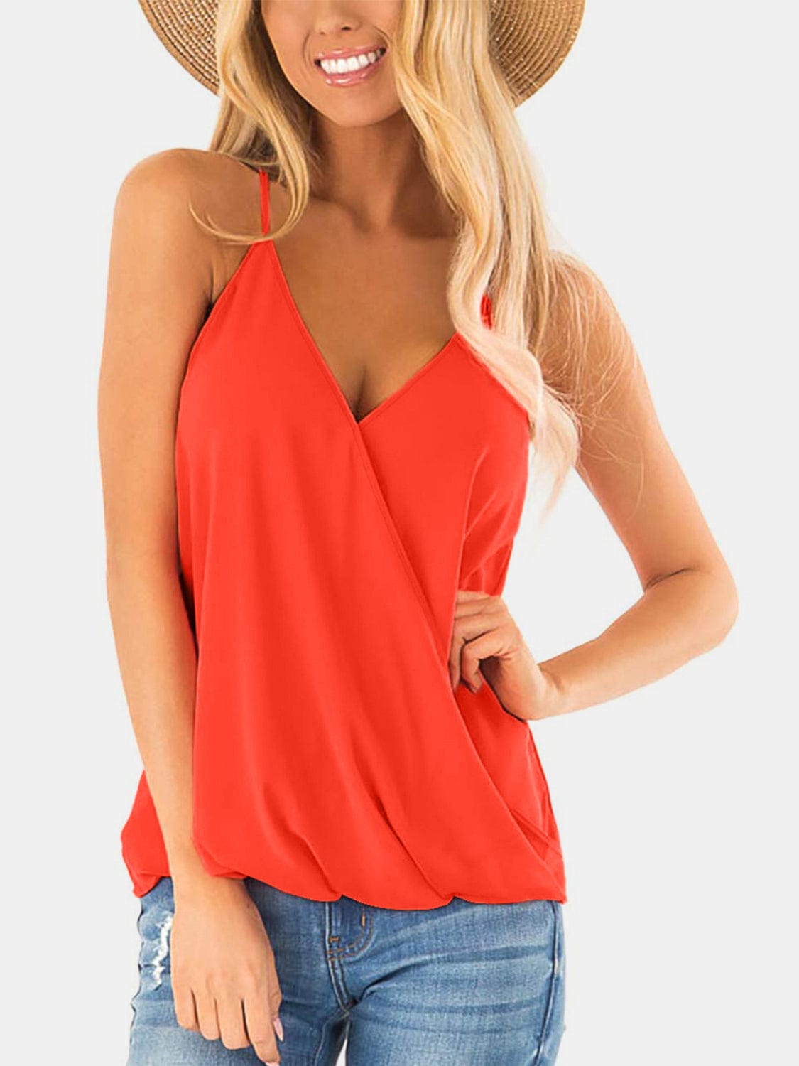 Trendsi Orange / S Full Size Surplice Spaghetti Strap Top Full Size Surplice Spaghetti Strap Top