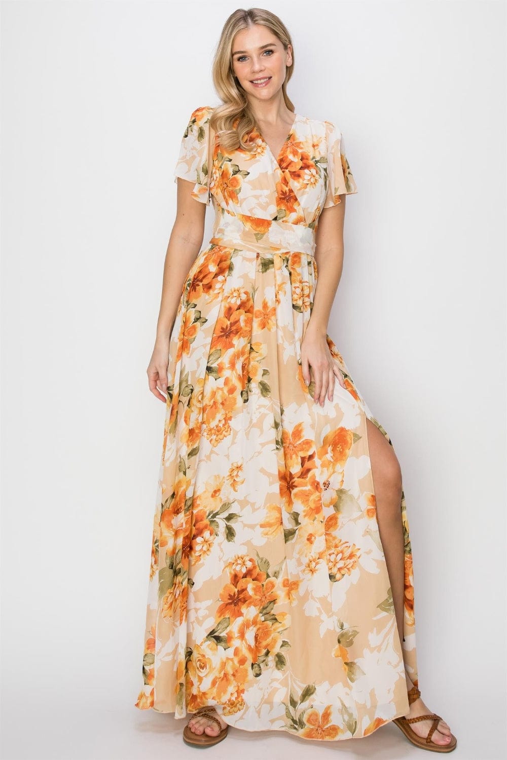 Trendsi ORANGE / S HYFVE Floral Tie Back Short Sleeve Slit Maxi Dress HYFVE Floral Tie Back Short Sleeve Slit Maxi Dress