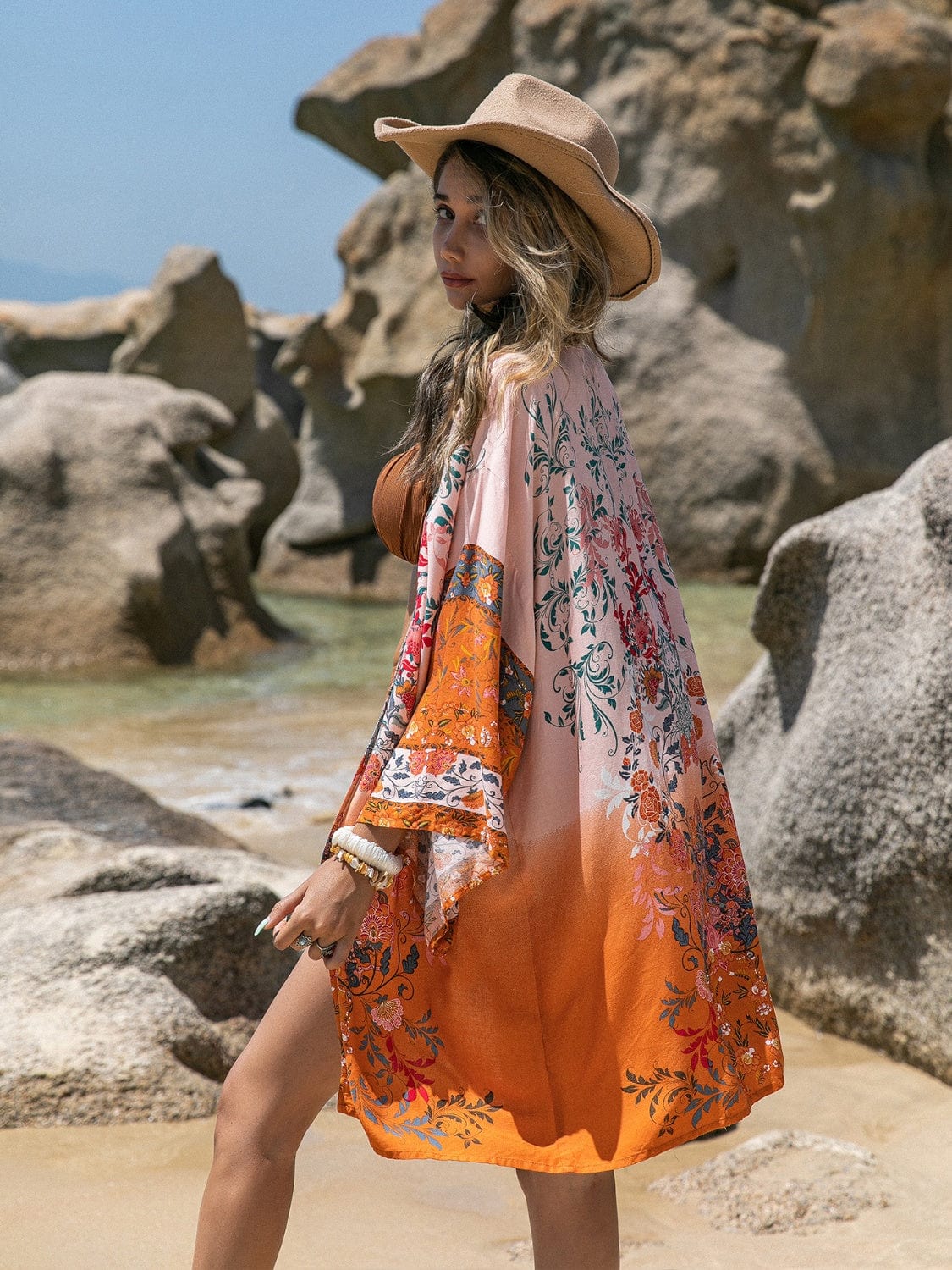 Trendsi Orange / S Printed Open Front Long Sleeve Cover-Up Printed Open Front Long Sleeve Cover-Up