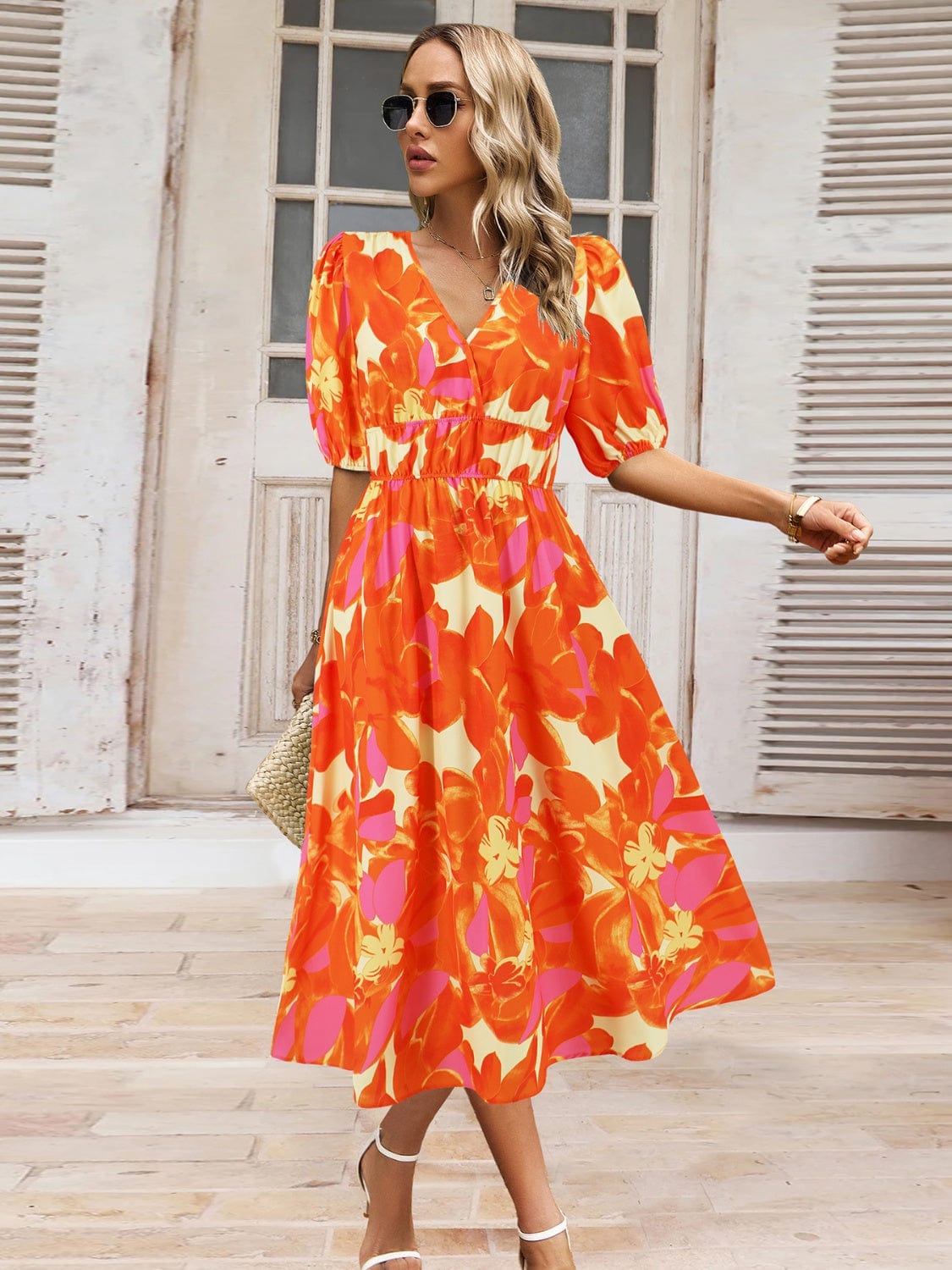Trendsi Orange / S Ruched Printed Surplice Short Sleeve Dress Ruched Printed Surplice Short Sleeve Dress