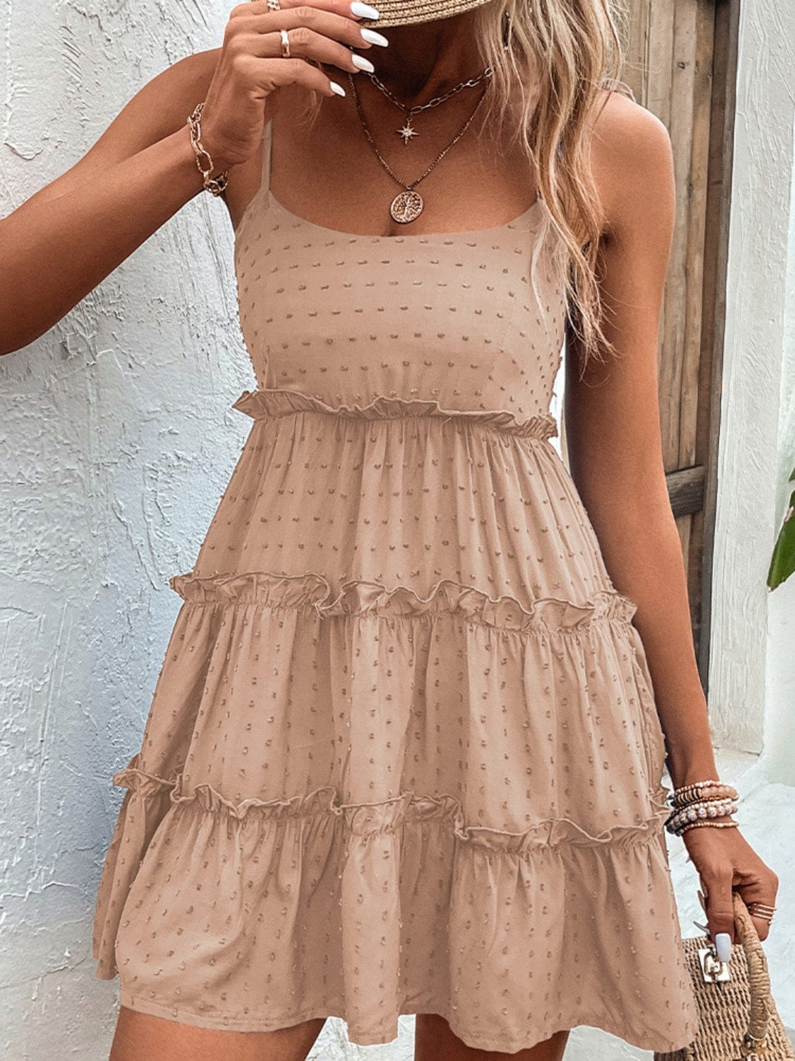 Trendsi Pale Blush / S Frill Spaghetti Strap Tiered Dress Frill Spaghetti Strap Tiered Dress