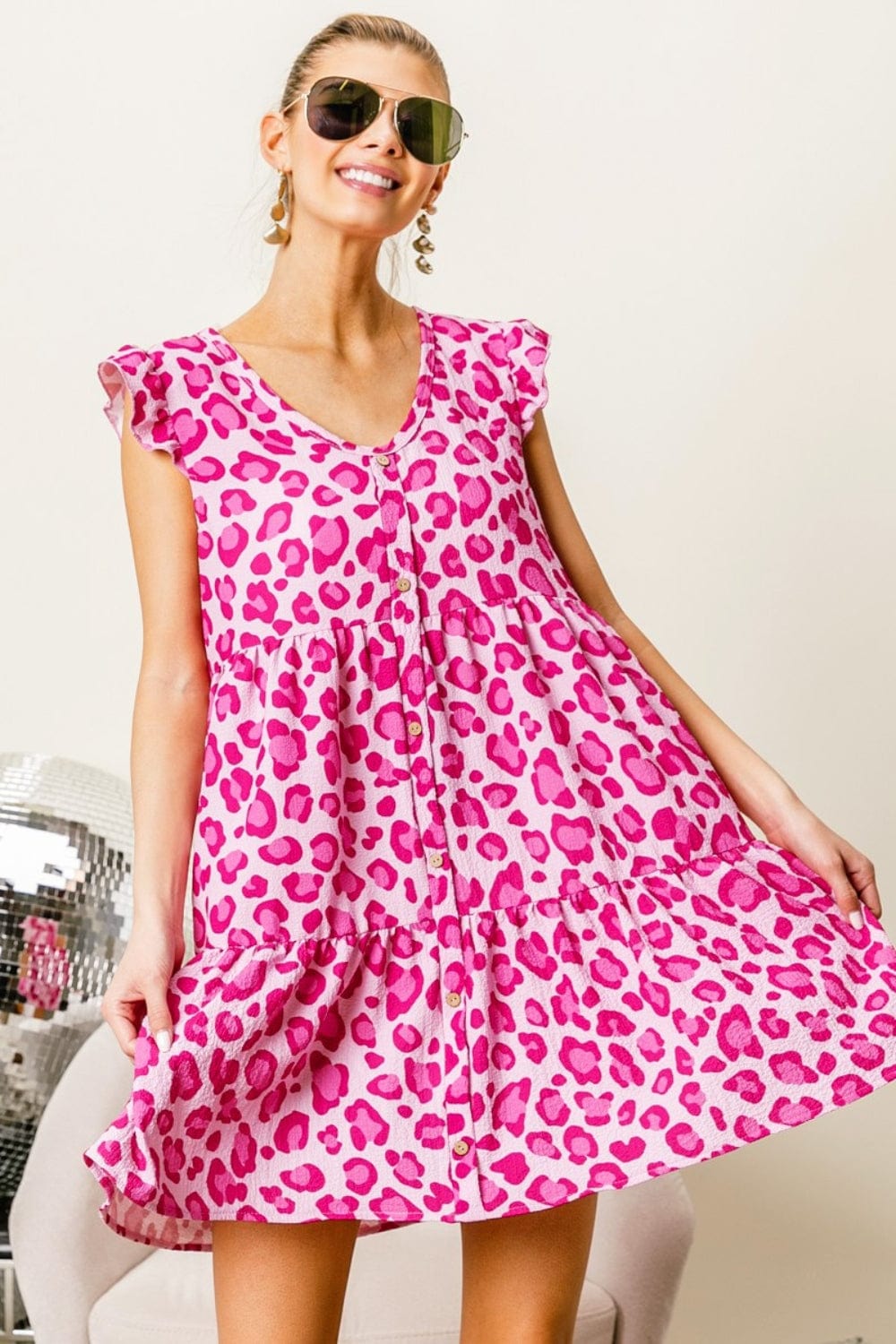 Trendsi Pink/Fuchsia / S BiBi Leopard Cap Sleeve Tiered Mini Dress BiBi Leopard Cap Sleeve Tiered Mini Dress