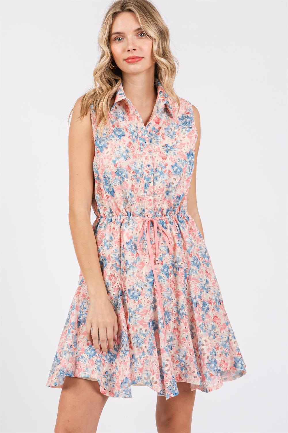 Trendsi Pink Multi / S GeeGee Full Size Floral Eyelet Sleeveless Mini Dress GeeGee Full Size Floral Eyelet Sleeveless Mini Dress