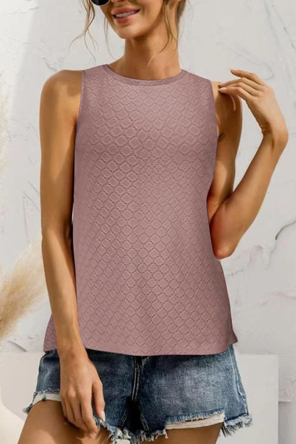 Trendsi Pink Purple / S Eyelet Round Neck Tank Eyelet Round Neck Tank