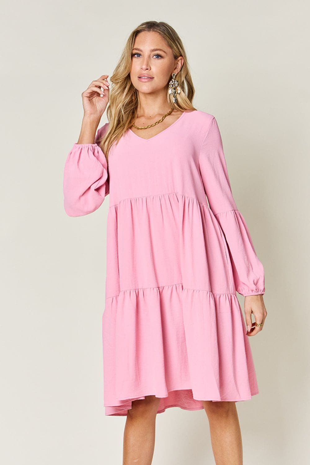 Trendsi Pink / S Double Take Full Size V-Neck Balloon Sleeve Tiered Dress Double Take Full Size V-Neck Balloon Sleeve Tiered Dress