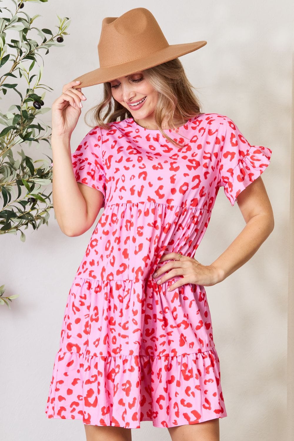 Trendsi Pink / S Double Take Short Flounce Sleeve Tiered Dress Double Take Short Flounce Sleeve Tiered Dress