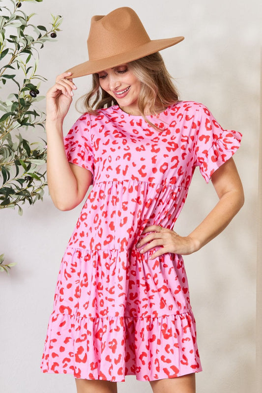 Trendsi Pink / S Double Take Short Flounce Sleeve Tiered Dress Double Take Short Flounce Sleeve Tiered Dress