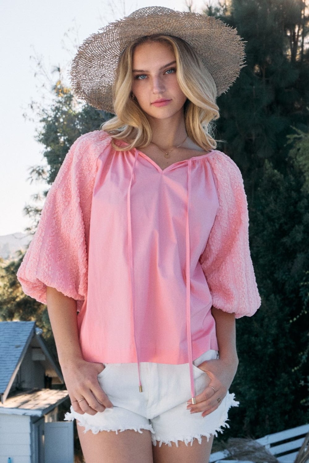 Trendsi Pink / S ODDI Full Size Poplin Bubble Sleeve Blouse ODDI Full Size Poplin Bubble Sleeve Blouse