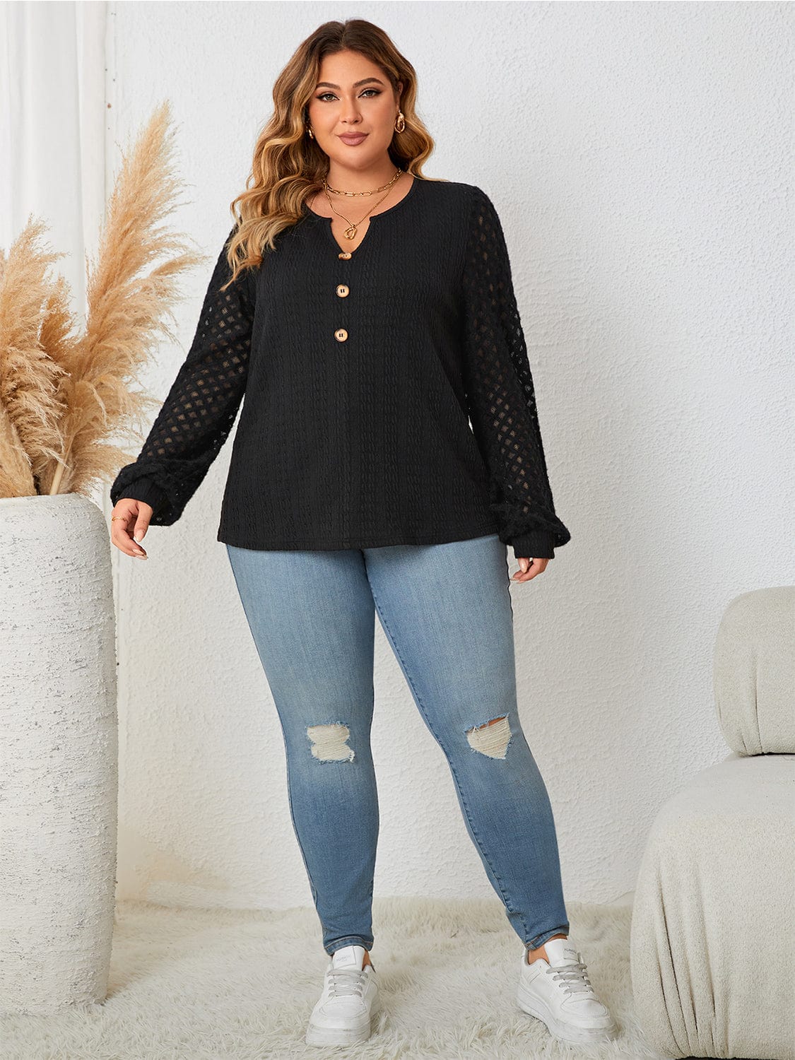 Trendsi Plus Size Openwork Notched Button Front Blouse Plus Size Openwork Notched Button Front Blouse