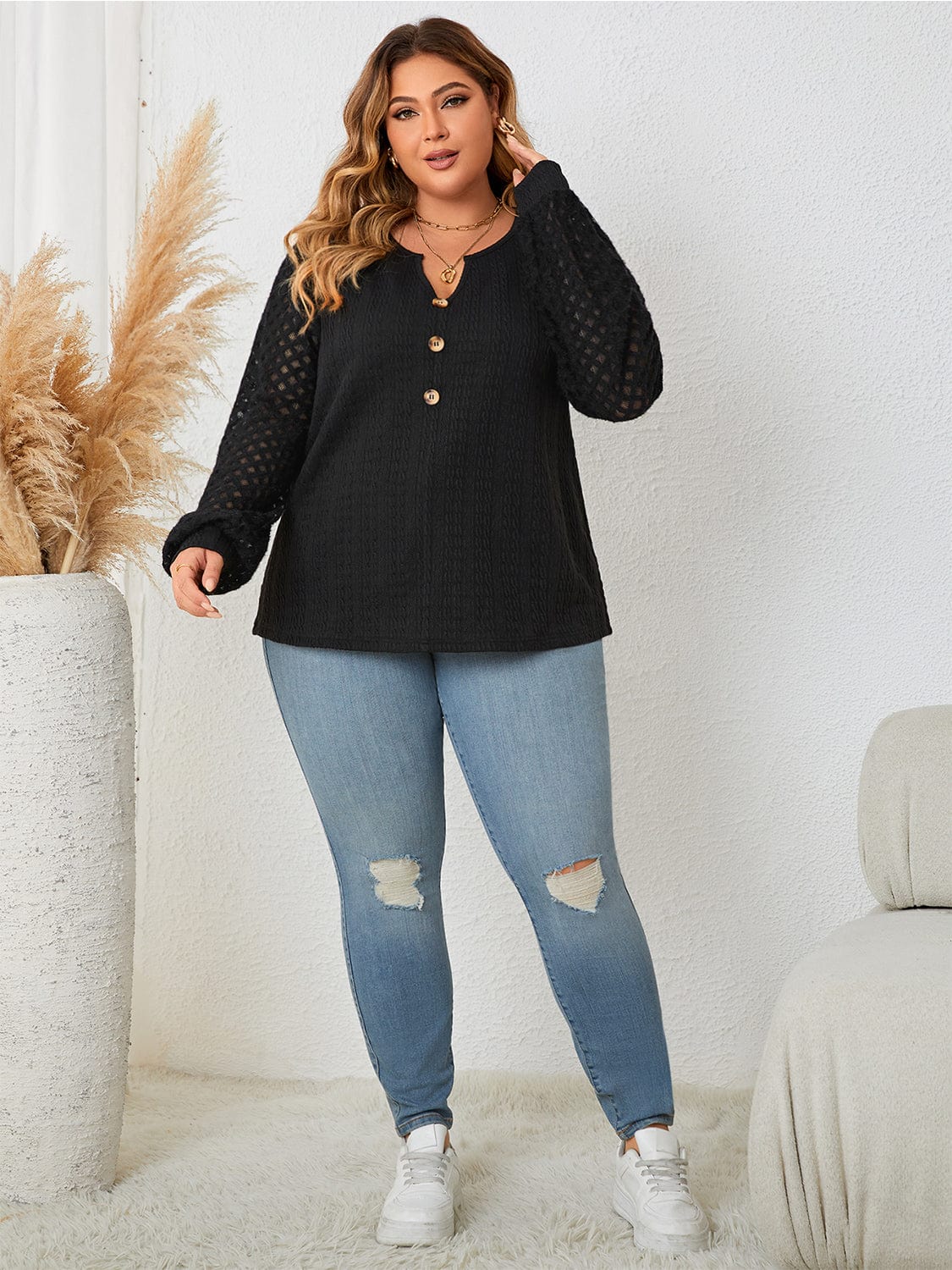 Trendsi Plus Size Openwork Notched Button Front Blouse Plus Size Openwork Notched Button Front Blouse