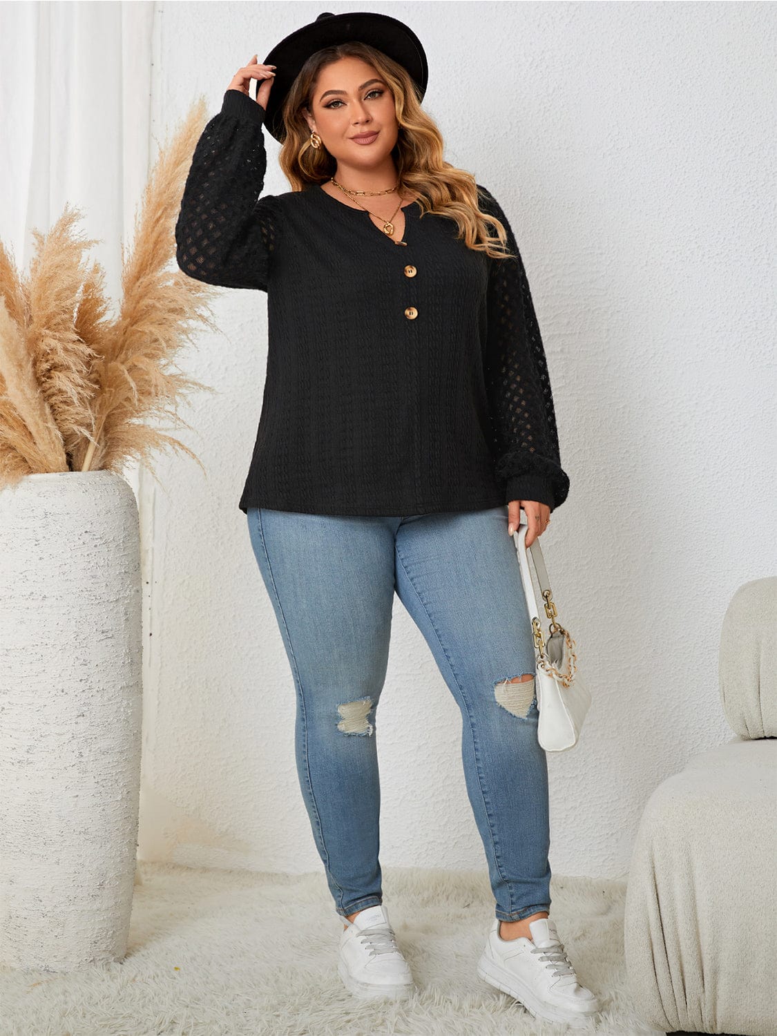 Trendsi Plus Size Openwork Notched Button Front Blouse Plus Size Openwork Notched Button Front Blouse