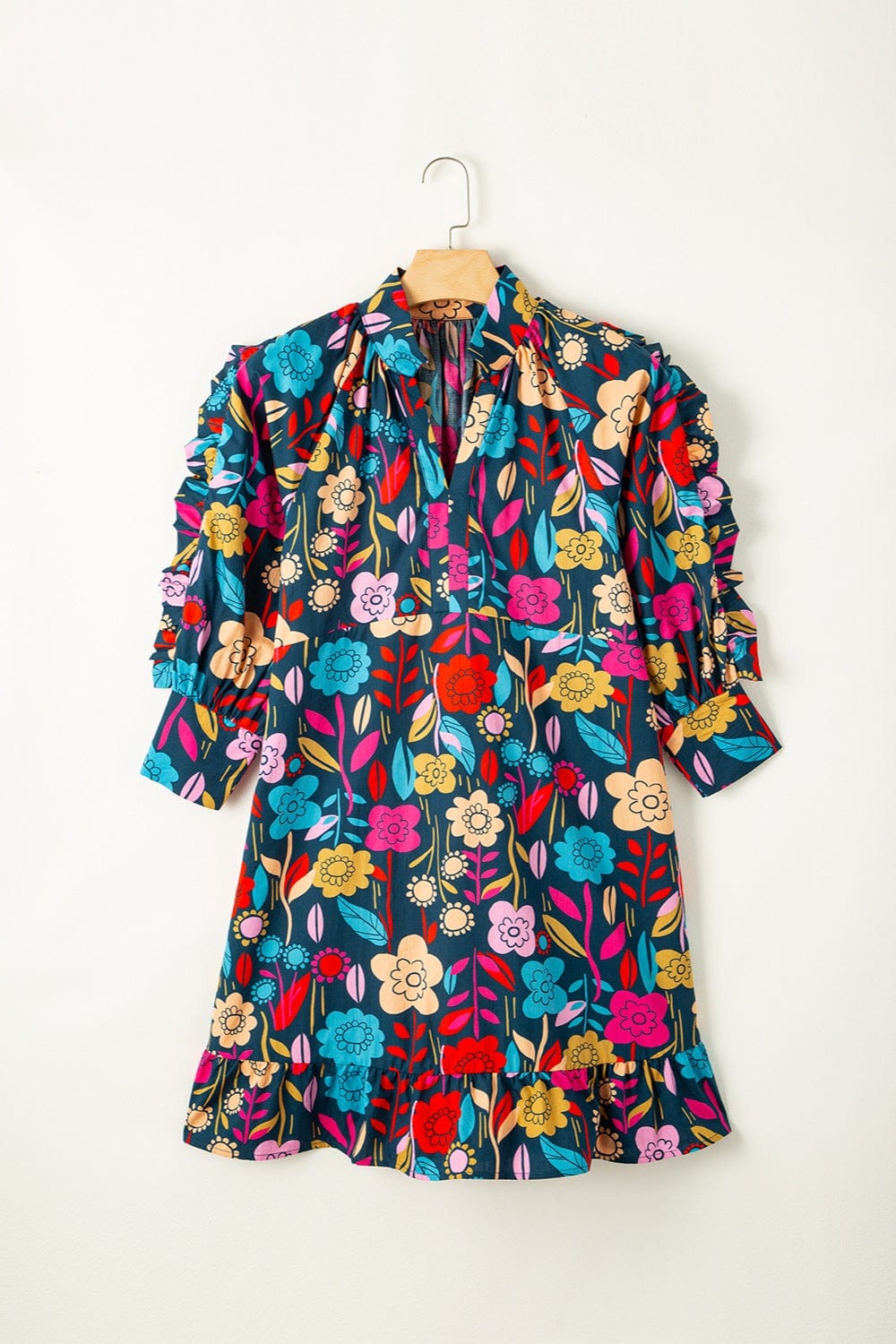 Trendsi Printed Notched Lantern Sleeve Mini Dress Printed Notched Lantern Sleeve Mini Dress