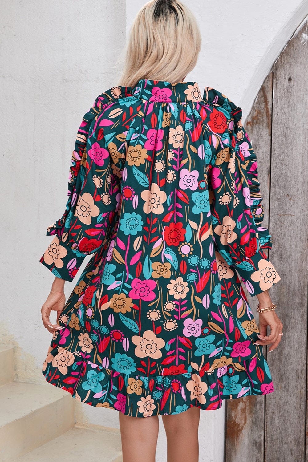 Trendsi Printed Notched Lantern Sleeve Mini Dress Printed Notched Lantern Sleeve Mini Dress