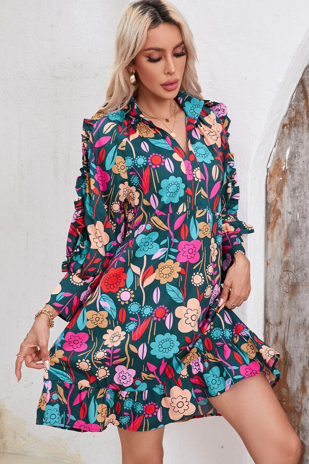 Trendsi Printed Notched Lantern Sleeve Mini Dress Printed Notched Lantern Sleeve Mini Dress