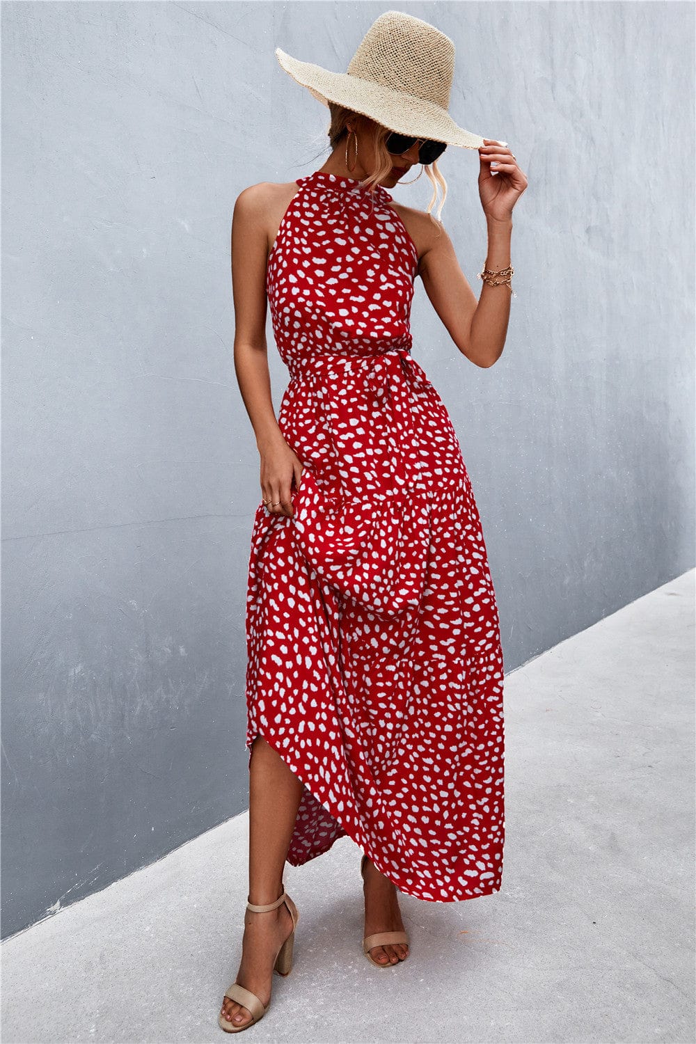 Trendsi Printed Sleeveless Tie Waist Maxi Dress Printed Sleeveless Tie Waist Maxi Dress