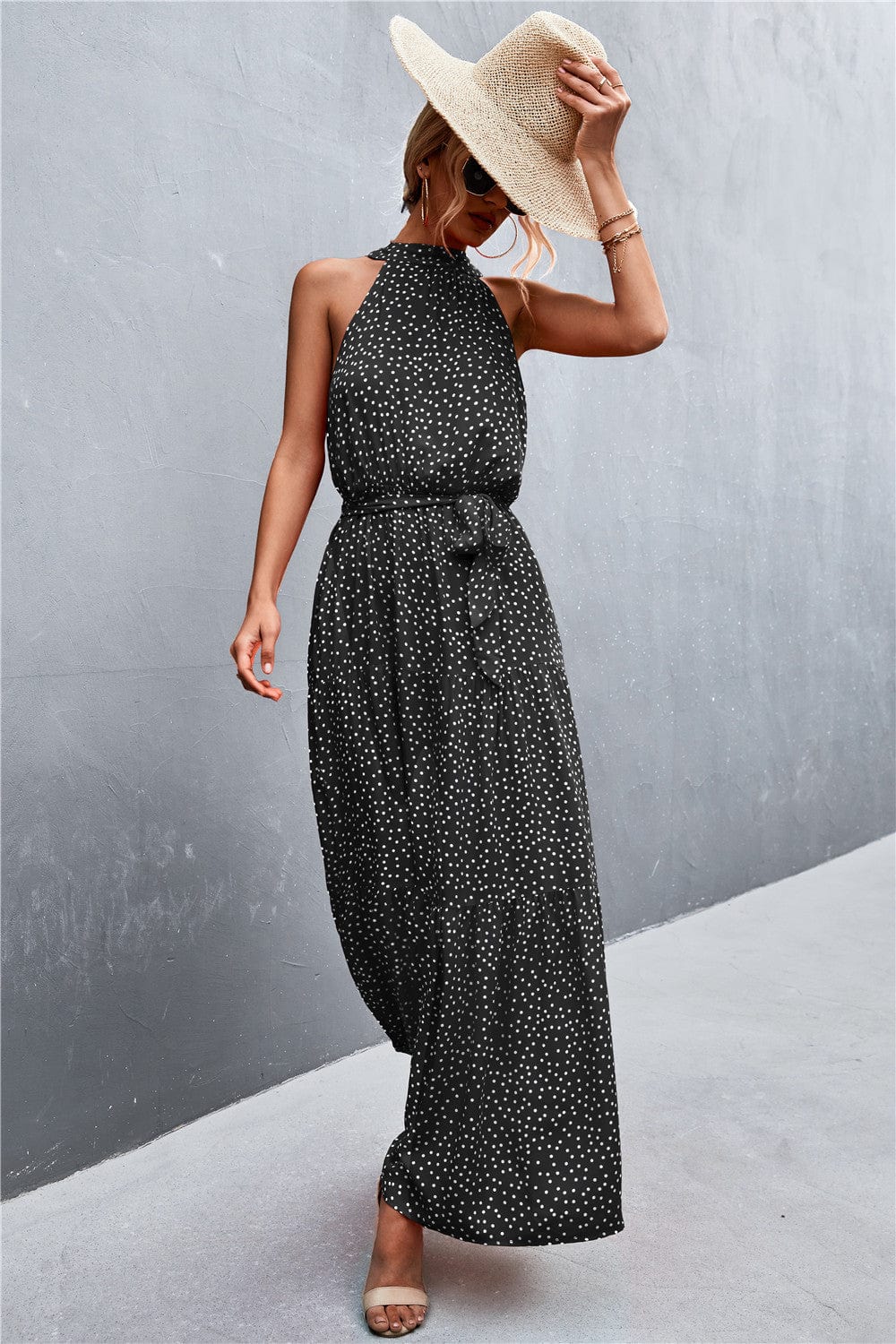 Trendsi Printed Sleeveless Tie Waist Maxi Dress Printed Sleeveless Tie Waist Maxi Dress