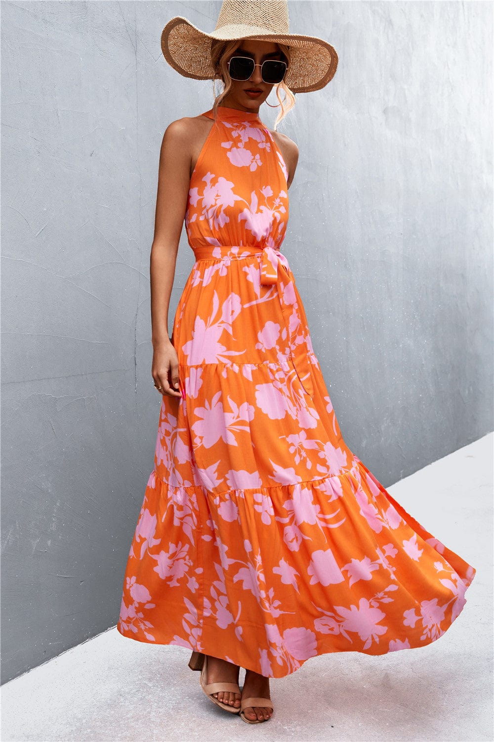 Trendsi Printed Sleeveless Tie Waist Maxi Dress Printed Sleeveless Tie Waist Maxi Dress