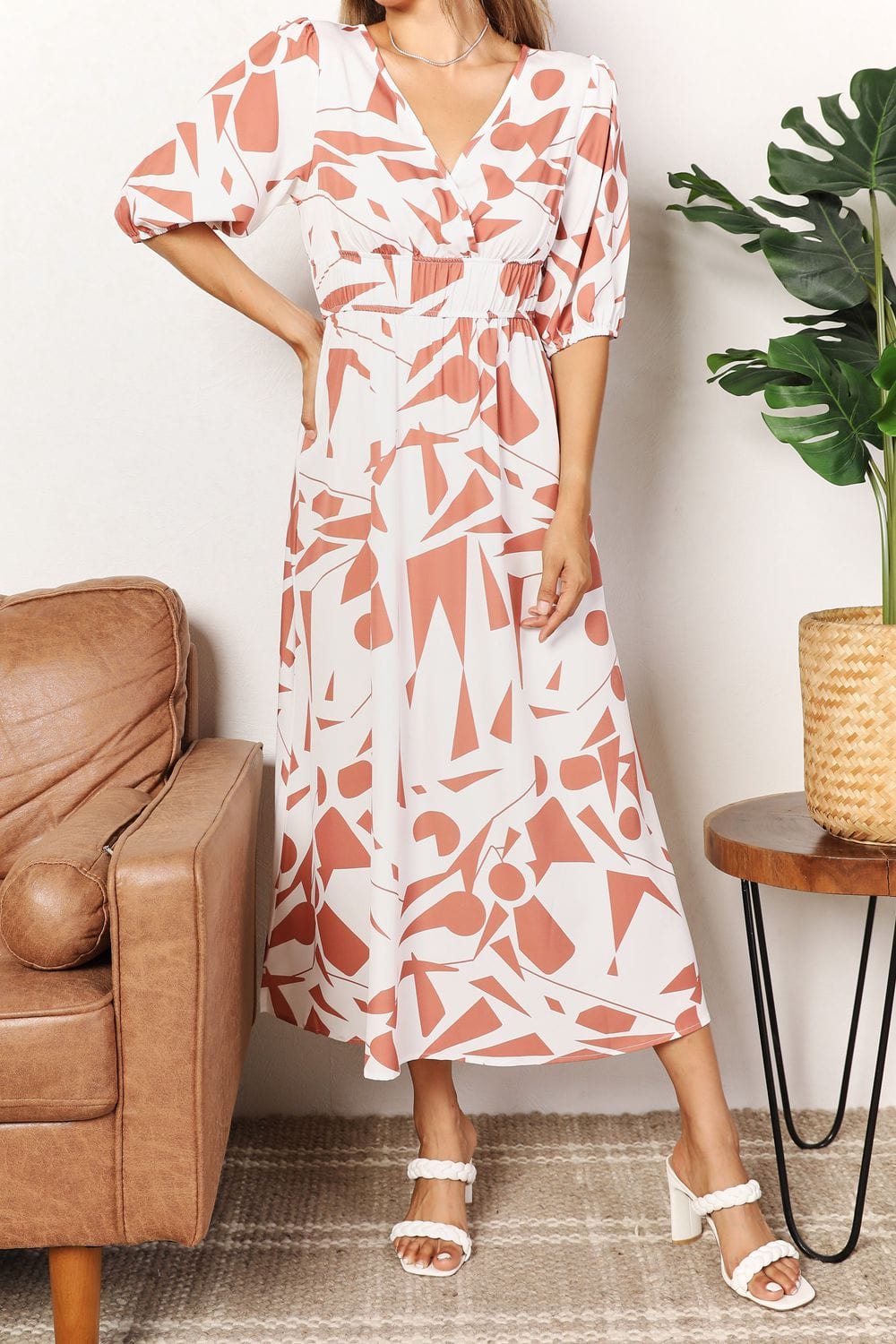 Trendsi Printed Surplice Balloon Sleeve Dress Printed Surplice Balloon Sleeve Dress