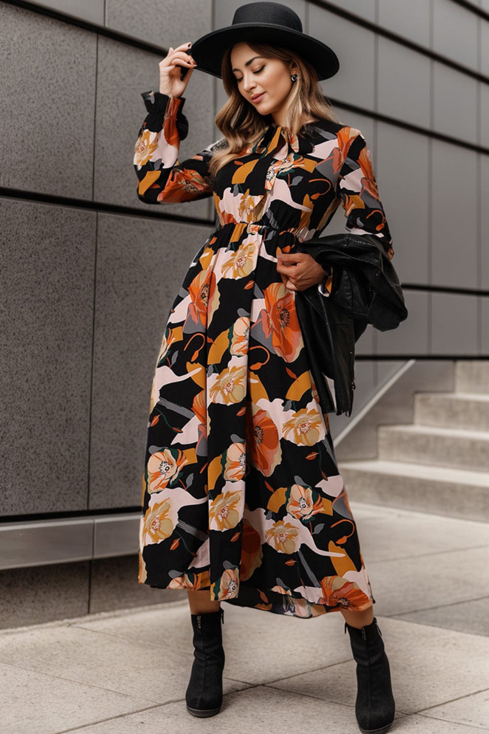 Trendsi Printed Tie Neck Flounce Sleeve Dress Printed Tie Neck Flounce Sleeve Dress