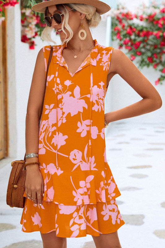 Trendsi Pumpkin / S Printed Tie Neck Sleeveless Dress Printed Tie Neck Sleeveless Dress