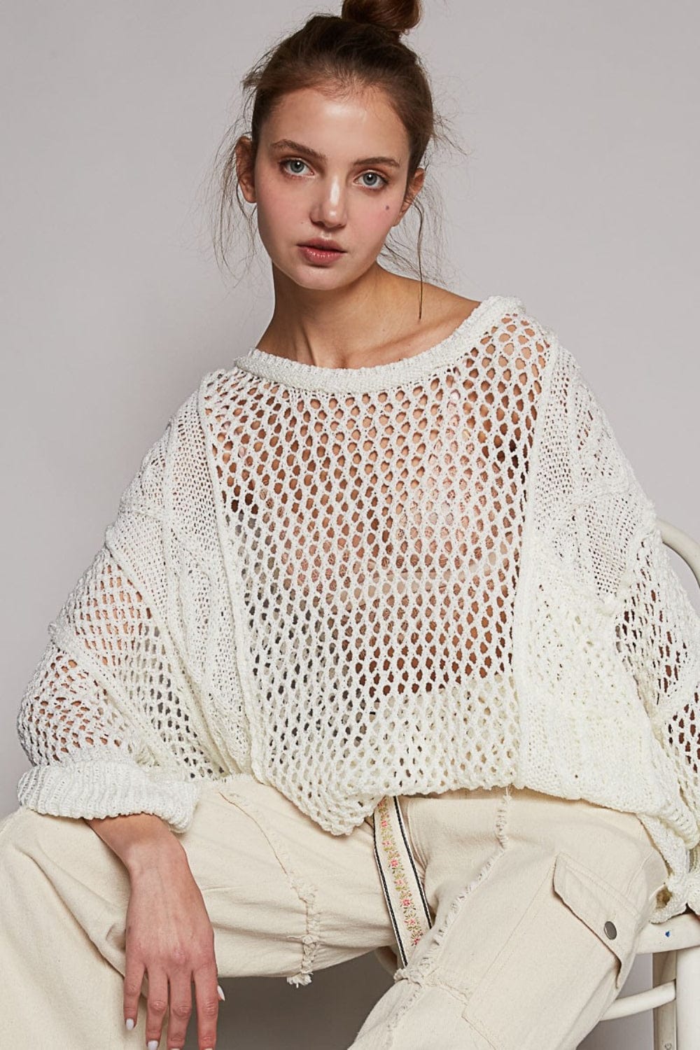 Trendsi Pure White / S POL Openwork Long Sleeve Knit Cover Up POL Openwork Long Sleeve Knit Cover Up