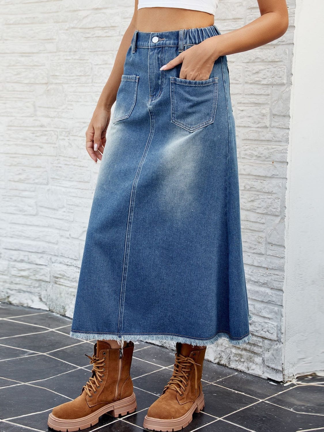 Trendsi Raw Hem Buttoned Denim Skirt with Pockets Raw Hem Buttoned Denim Skirt with Pockets