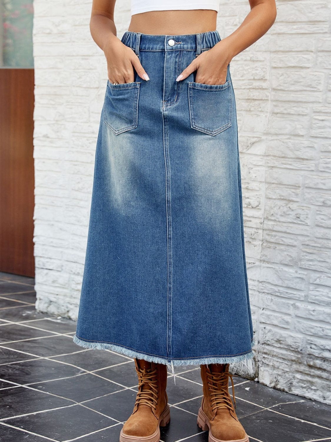 Trendsi Raw Hem Buttoned Denim Skirt with Pockets Raw Hem Buttoned Denim Skirt with Pockets