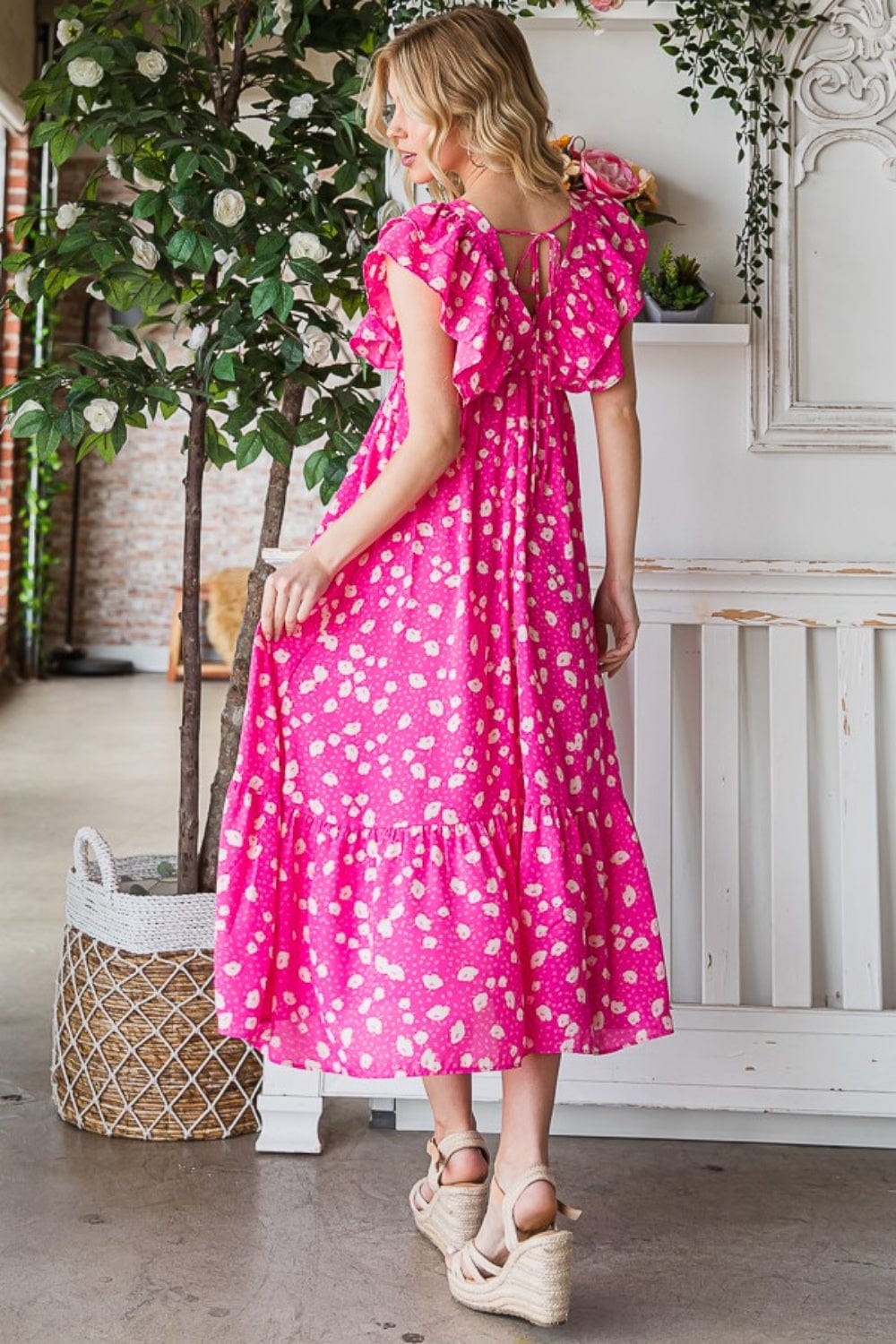 Trendsi Reborn J Printed V-Neck Ruffle Trim Tiered Midi Dress Reborn J Printed V-Neck Ruffle Trim Tiered Midi Dress