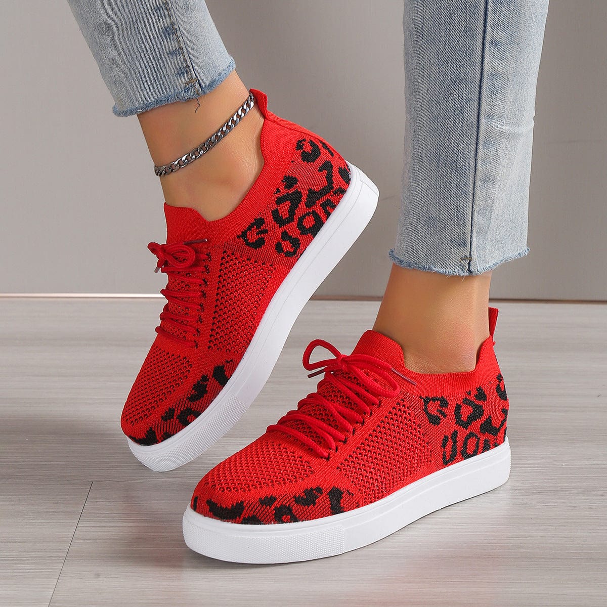Trendsi Red / 36(US5) Lace-Up Leopard Flat Sneakers Lace-Up Leopard Flat Sneakers