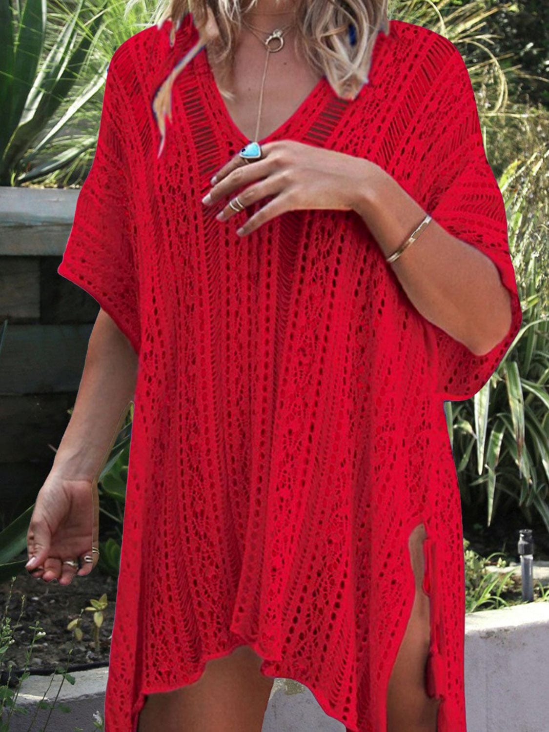 Trendsi Red / One Size Cutout V-Neck Cover-Up with Tassel Cutout V-Neck Cover-Up with Tassel
