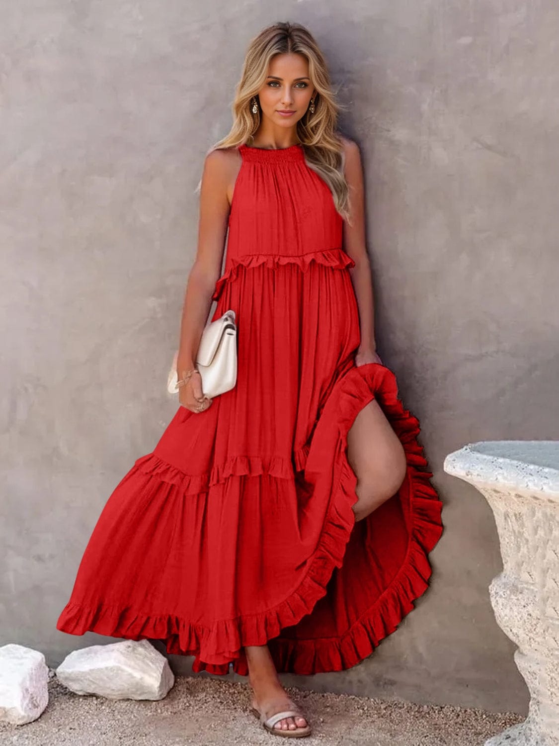 Trendsi Red / S Ruffled Sleeveless Tiered Maxi Dress with Pockets Ruffled Sleeveless Tiered Maxi Dress with Pockets